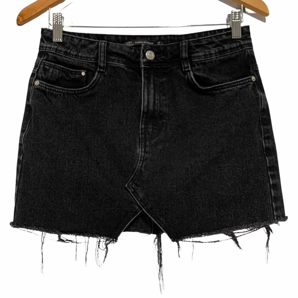 Zara Trafaluc Black Denim Mini Skirt Raw Hem